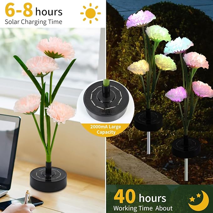 Solar Garden Lights Outdoor - Solar Flowers Lights Outdoor Decorative Waterproof 40 Hours Coloring Changing Carnation Yard Pathway Lawn Solar Powered Lamp Backyard Decor 4pcs