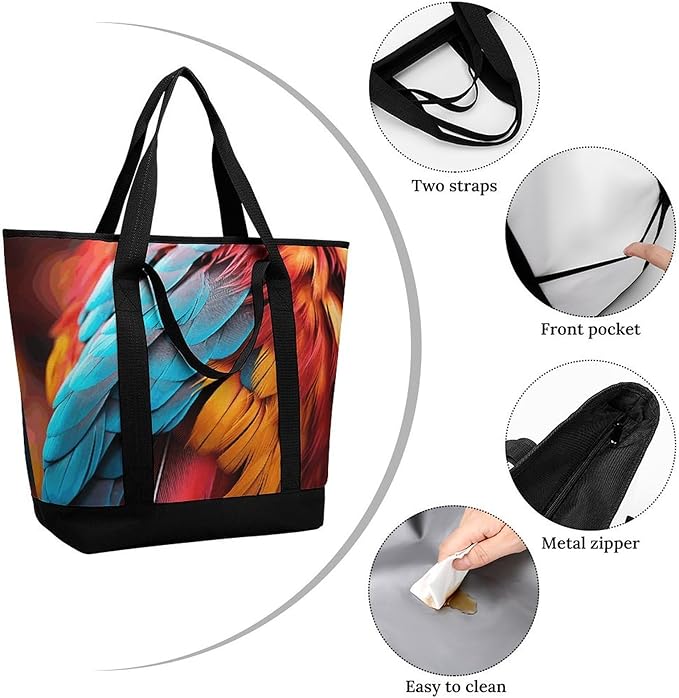 Insulated Shopping BagLarge Reusable Cooler Bags Colorful Feathers Printed Foldable Shopping BagTravel Waterproof Shoulder Bag