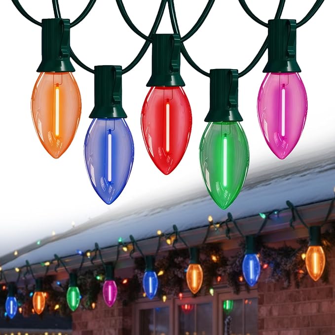 C9 LED Christmas Lights Outdoor25FT Multicolored Christmas Lights with 26 Colorful Clear Multicolor LED BulbsConnectable Old Fashioned Xmas light for Garden Patio Xmas Tree Party Home Decor