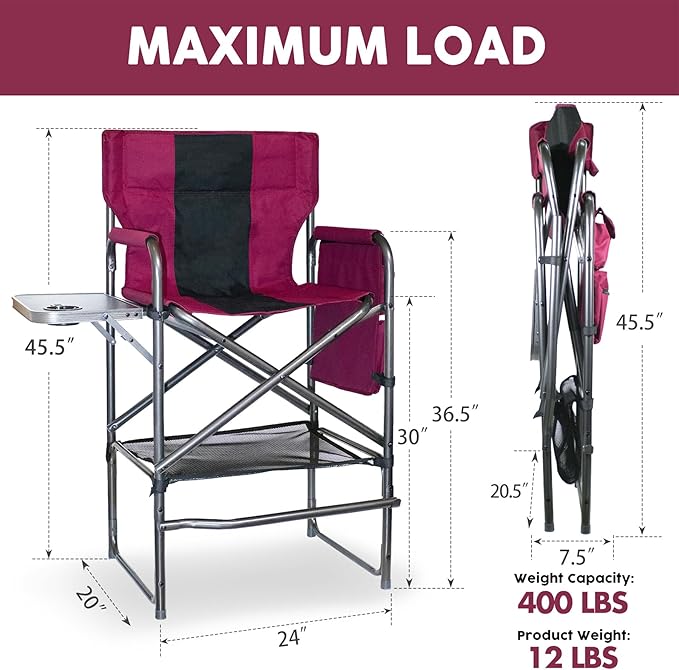 30 Tall Directors Chair with Side Table 400LBS Bar Height Folding Camping Chair for Makeup Artists Outdoor Events Portable Foldable Chair with Cup Holder &amp footrest - Light Wine Red