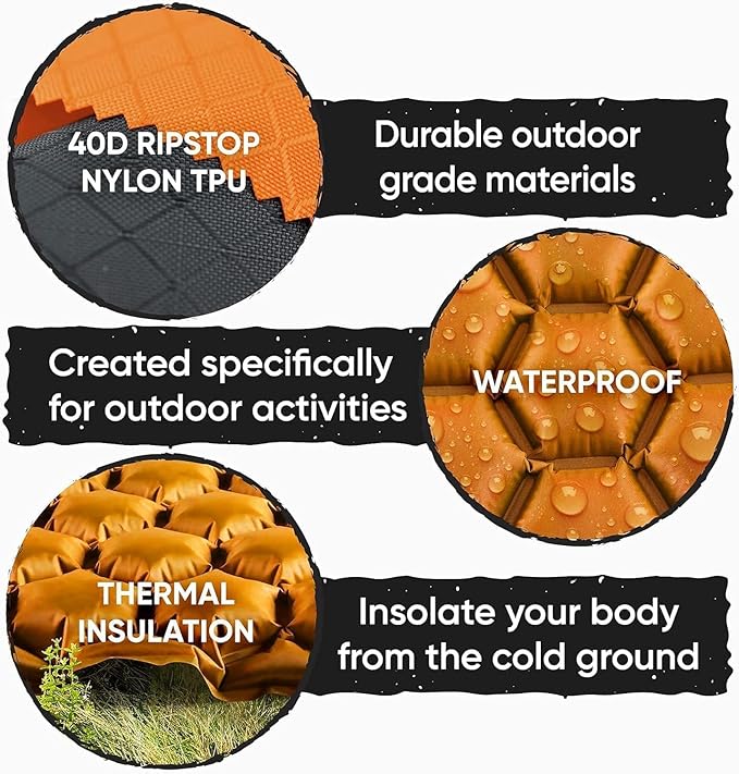 POWERLIX Double Inflatable Sleeping Pad - Camping Mattress for Backpacking Hiking Traveling Compact Camping Sleeping Mat for 2 Person Portable Ultralight Camping Pad Air Mattress Orange