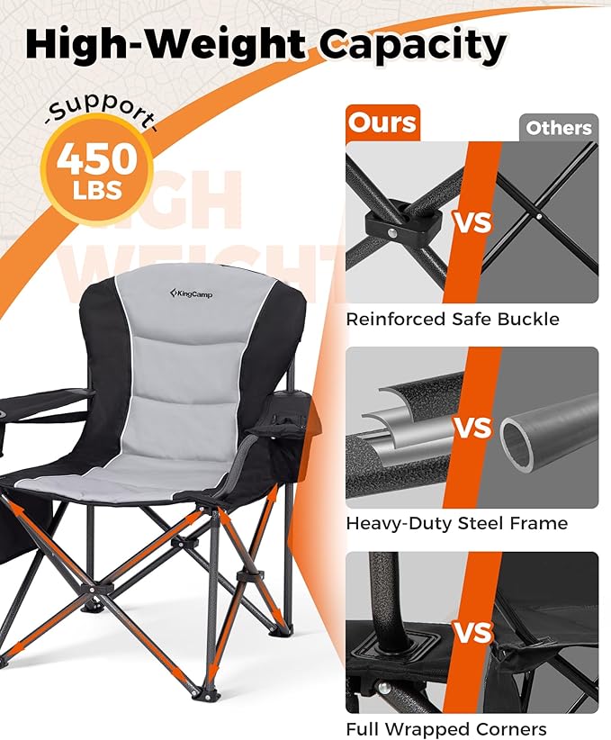 KingCamp Oversized Camping Folding Chair Heavy Duty 450 LBS with Lumbar Support&ampFolding Camping Table Aluminum Roll-Up Camp Table