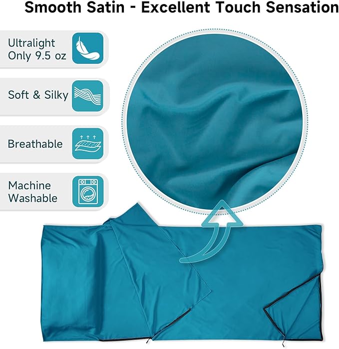 Sleeping Bag Liner 9.5oz Ultralight Satin Travel Sheets for Hotel with Two Way Zippers Silky Camping Sheets &amp Adult Sleep Sack for Backpacking Hiking Business Trips