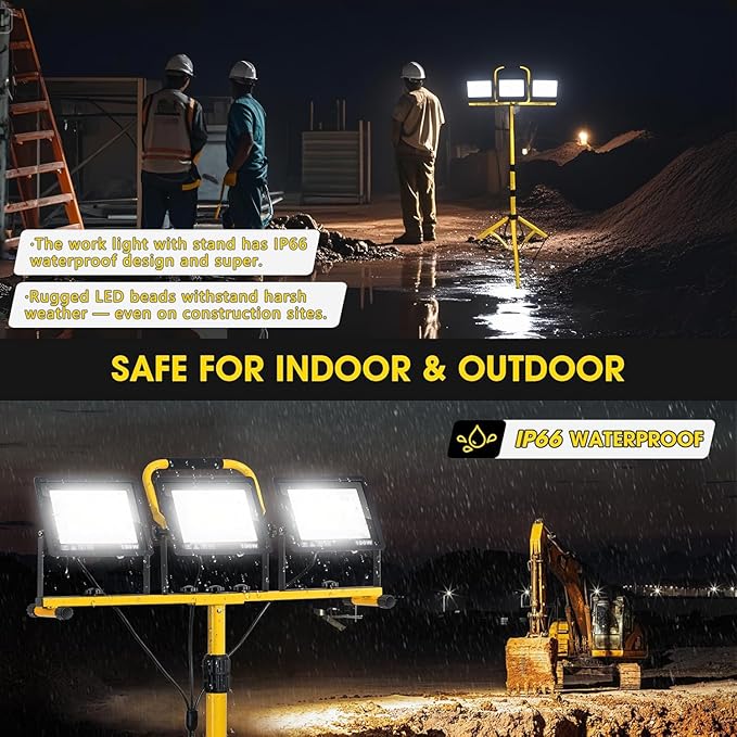 32000LM LED Work Light with Tripod 3x100W 3-Head Floodlight Plug-in 120V 3 CCT 3000K/5000K/6500K 360° Adjustable IP66 43.7-65.4 in 16.4 ft Cord Portable Telescoping Stand for Jobsite/Workshop