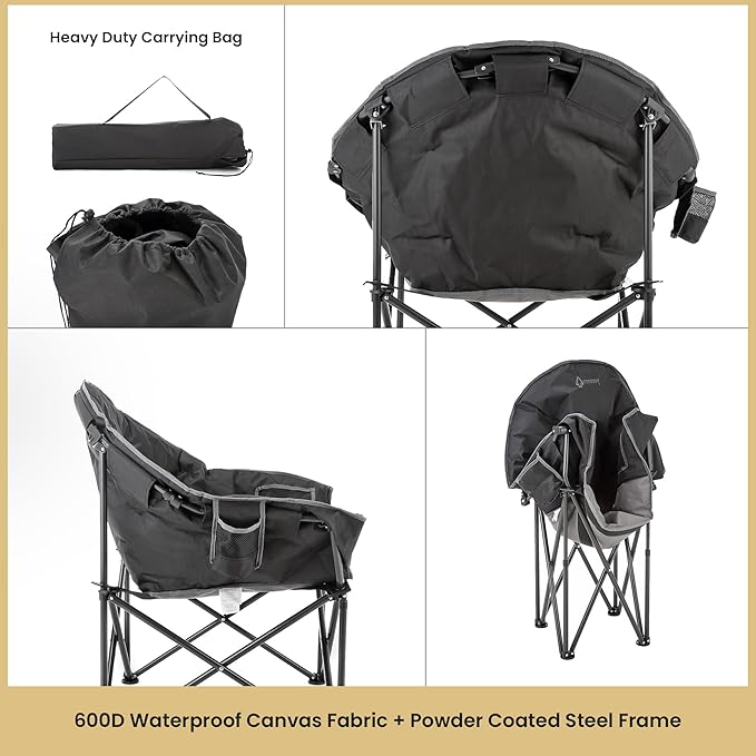 ARROWHEAD OUTDOOR Oversized Heavy-Duty Club Folding Camping Chair with Pocket Cup Holder Portable Padded Moon Round Saucer Supports 330lbs Carrying Bag