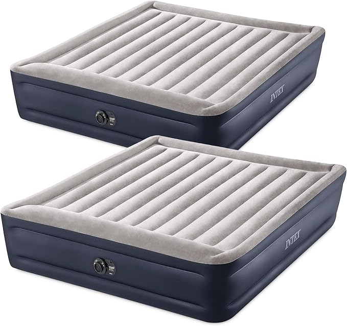 Intex 2 Pack Dura Beam Plus Deluxe Airbed Inflatable Blow Up Portable Air Mattress with Built-in Internal Air Pump King-Sized Bed