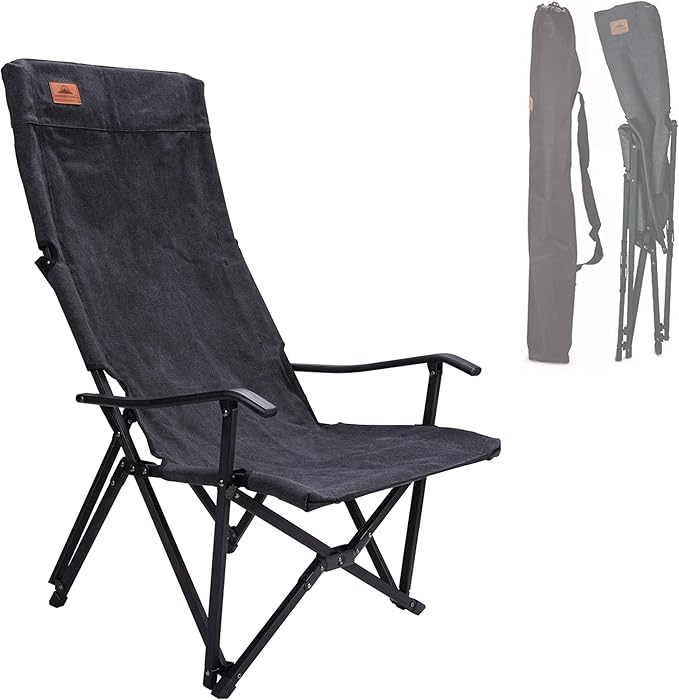 CAMPINGMOON Foldable Cotton Canvas Camping Chair Campfire High Back Low Style Relaxing Chair Black F-1002C-BK