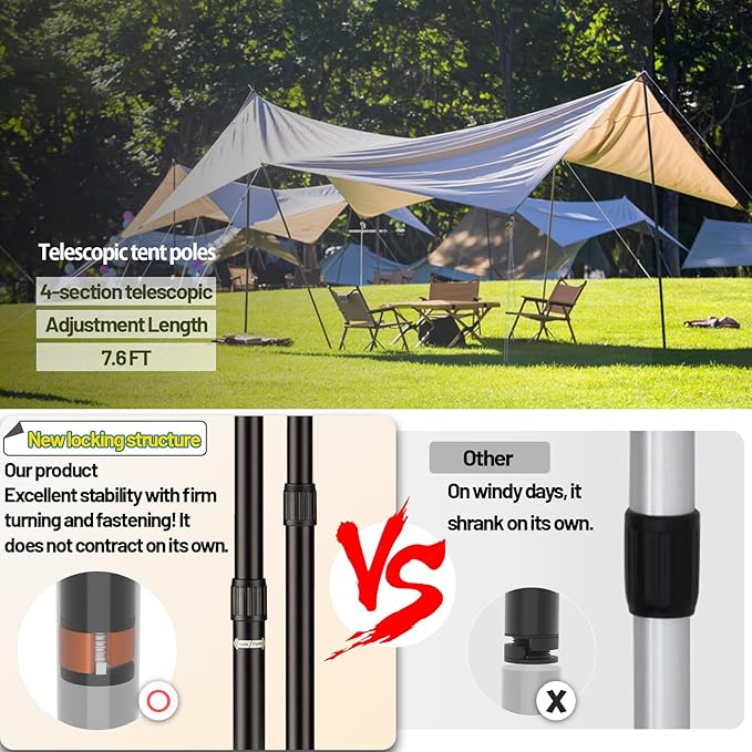 Tarp Poles Adjustable Heavy Duty XINCAMPING Tent Poles Aviation Aluminum 7.7FT Lengthen and Thicken with Protection Cap Awning Poles Set of 2 for Camping Hiking