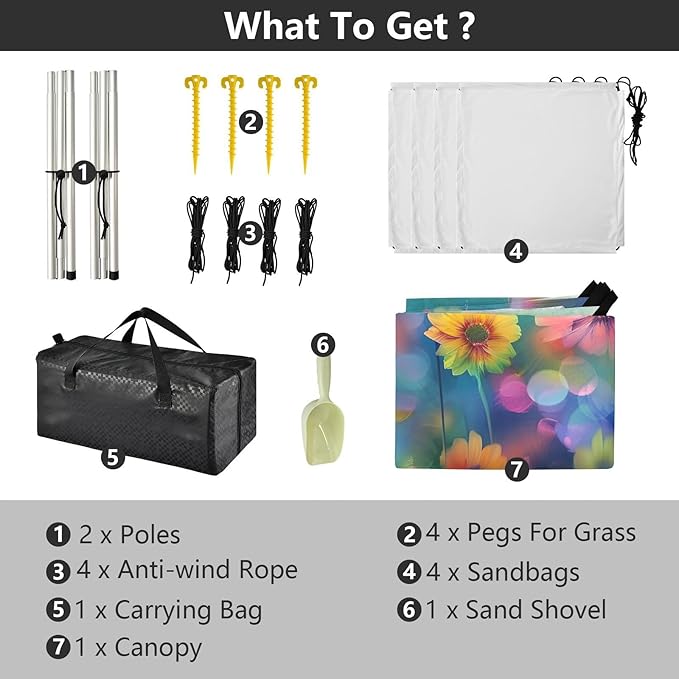 Colorful Flowers Painting Beach Tent Sun Shelter 9.2' x 10.5' Beach Canopy with 4 Sandbags 4 Stability Poles Sand Shovels - Tent Canopy for Beach Camping Fishing Picnics