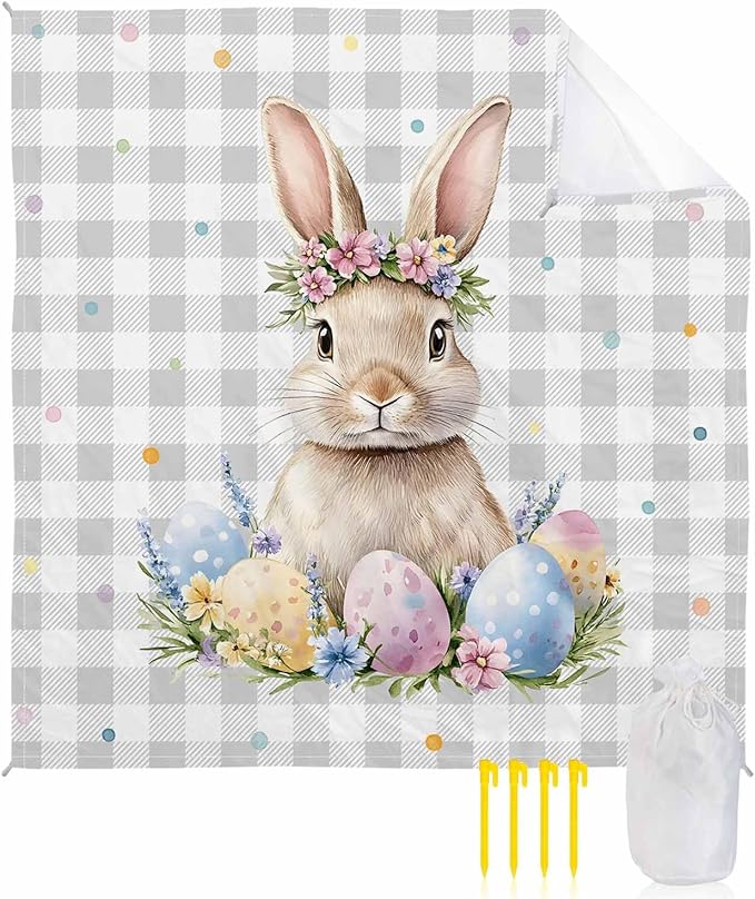 Beach Blanket Waterproof Sandproof Oversized Watercolor Easter Bunny Eggs Beach Mat with Corner Stakes Sand Pockets Floral on Gray Plaid Outdoor Picnic Mat for Travel Camping Hiking 83x79In