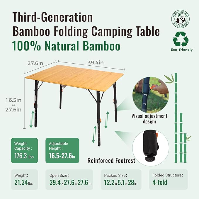 KingCamp Oversized Camping Folding Chair Heavy Duty 450 LBS with Bamboo Folding Table4-Fold Portable Camping Table with Visual Adjustable Height