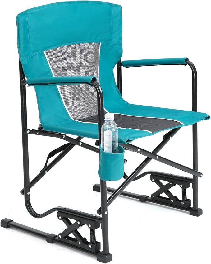 Outdoor Freestyle Rocker Camping Chair Portable Folding Rocking Chair with Solid Armrests Drink Holder Comfortable Backrest Blue
