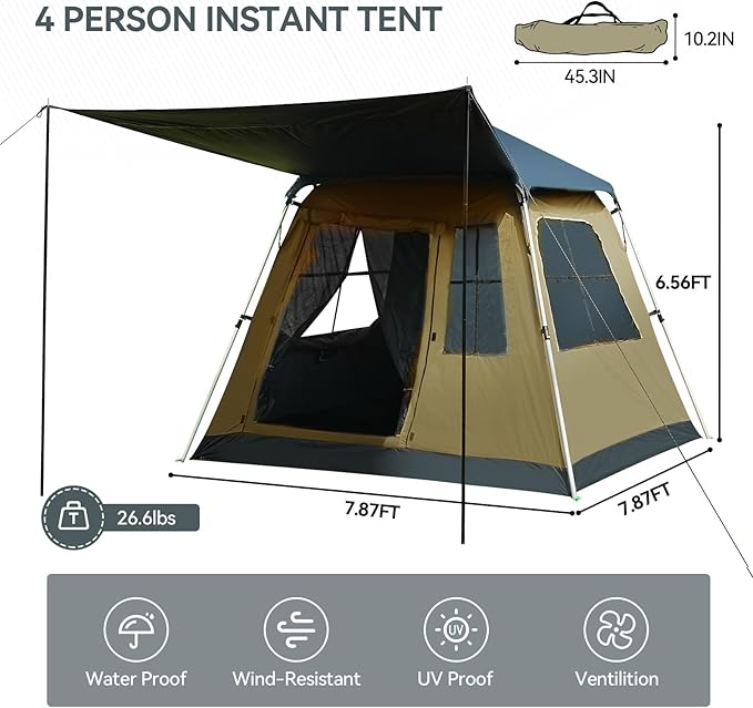 Instant Pop-Up Camping Tent with Removable Sunshade - 3-4 Person Dome Tent with UV Protection &amp Ventilation Waterproof Windproof for Beach Hiking Outdoor.
