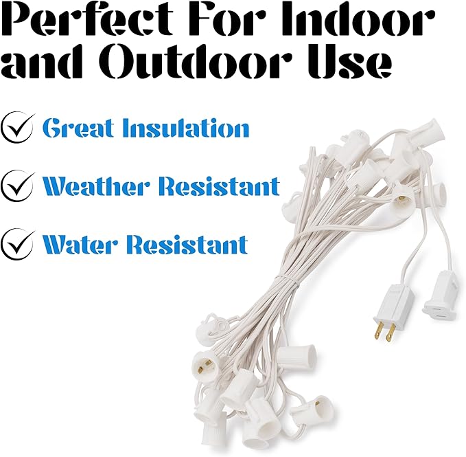 HLO Lighting C7 Light Strings | 50' White Cord with 12 Socket Spacing E12 Light Stringer for C7 Christmas Lights