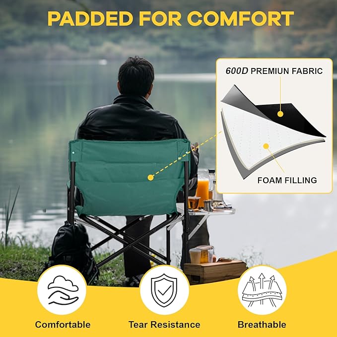 NAIZEA Heated Director Chair-Heated Camping Chair for Adult Oversized Outdoor Chairs with Side Table Pockets Makeup Folding Chairs Supports 550lbs(Power Bank Not Included)