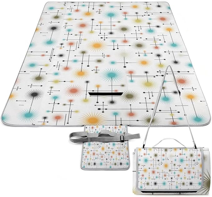 Mid Century Modern Atomic Turquoise Waterproof Outdoor Picnic Blanket Sandproof Beach Mat for Camping Hiking Grass Travelling
