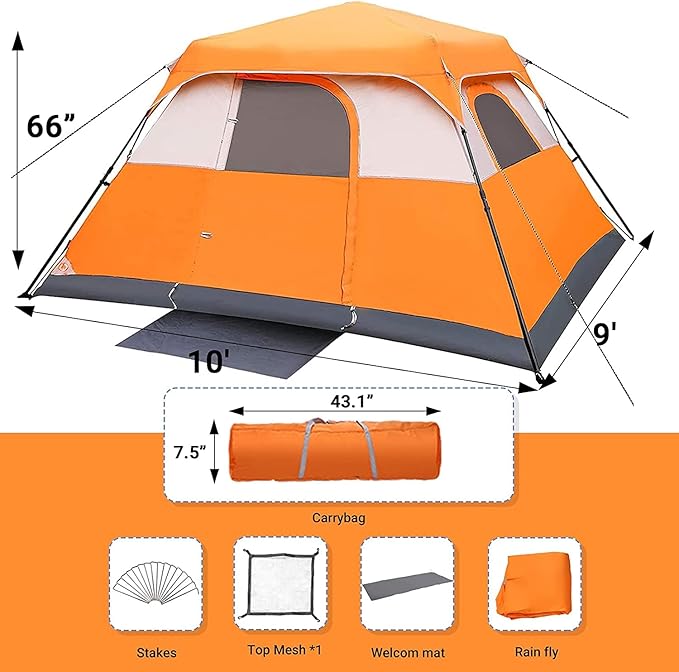 6 Person Tent Tents for Camping6 Person 60 Seconds Set Up Camping Tent Waterproof Pop Up Tent with Top Rainfly Instant Cabin Tent Advanced Venting Design Provide Gate Mat