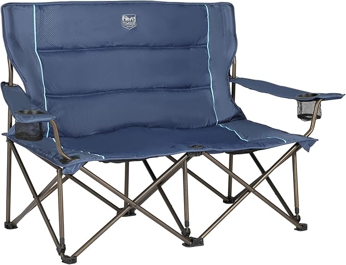 Timber Ridge 2 Person Folding Loveseat Comfortable Double Foldable Camping Chair Folding Lawn Chairs for Outside Blue