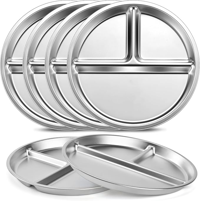 6 Pack Stainless Steel Divided Plate 9 Non Slip Portion Control Plates for Adults Kids Balance Lunch Unbreakable Toddler Set Indoor Outdoor for Party Home Silver