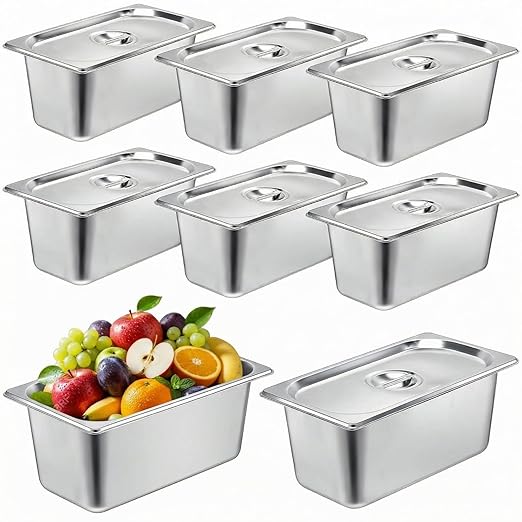 8 Pack Stainless Steam Hotel Pan 6 Deep Steam Table Pan with Lid 0.8 mm Thick Stainless Steel Restaurant Anti Clogging Steamer for Party Restaurant Hotel(1/3 Size)
