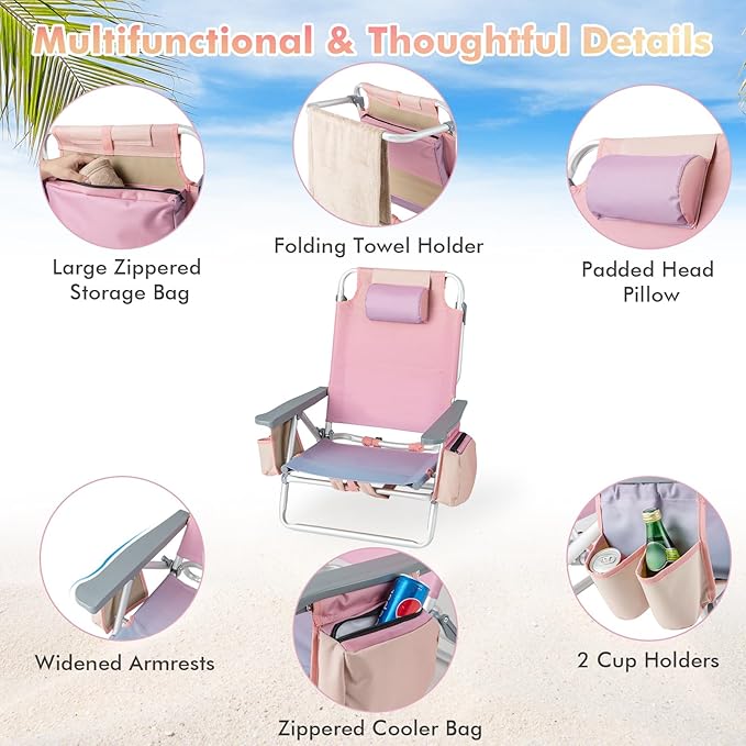 Giantex Folding Beach Chair Patio Sling Chairs with 5 Adjustable Position Head Pillow Storage Bag Towel Bar Cup Holders Backpack Chairs for Sunbathing Camping Chair