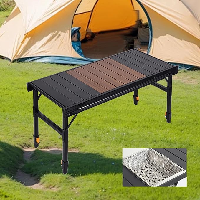 Outdoor Folding Table with Adjustable Legs Camp Table for Backyard Patio BBQ