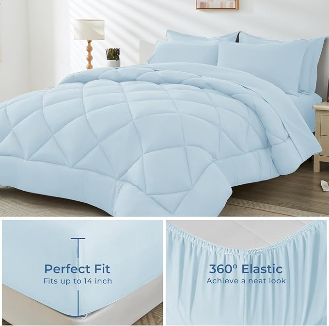 HEVUMYI Queen Comforter Set - 7-Piece All Season Bed in a Bag Queen Ultra Soft Bedding Set with Comforter Flat Sheet Fitted Sheet Pillowcases Pillow Shams Greyish Blue