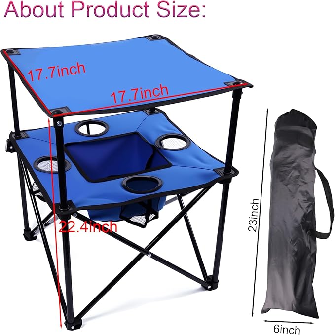 Portable Folding Camping Table with Cup Holders – Lightweight &amp Compact 2-Tier Outdoor Table with Storage Ideal for Card Games Snacks Picnic Tailgating &amp Camping (Blue + Black)