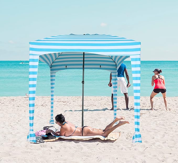 Nice C Beach Cabana Tent - Portable 6'x 6' with Detachable Wall UPF 50+ UV Protection Ultimate Sun Umbrella Sun Shelter (Blue Stripe)