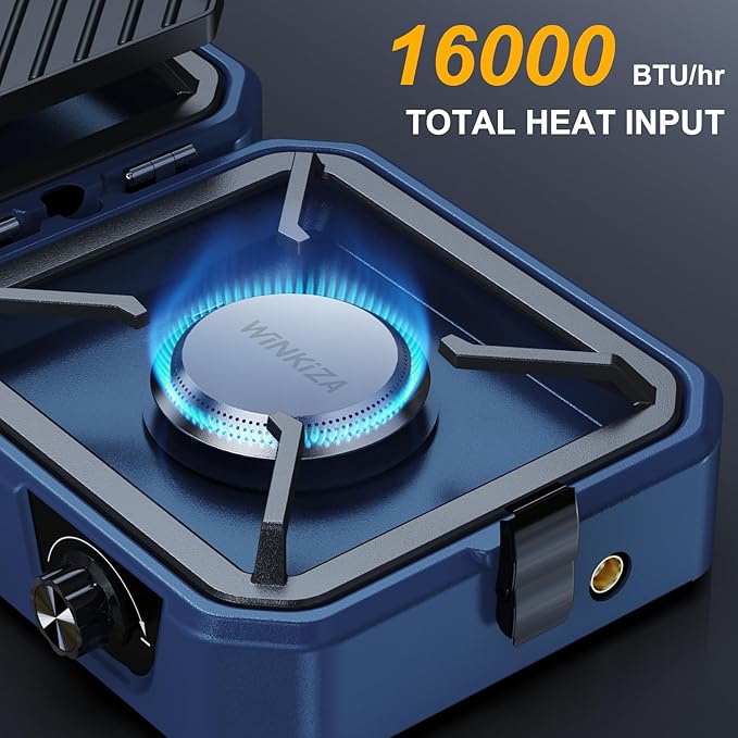 Upgraded WINKIZA 2 Burner Propane Camping Stove with Grill Foldable Camp Stove with 16000 BTU Two Adjustable Burners with Piezo Ignition &amp Easy Carrying Handle Portable Stove for Camping BBQ