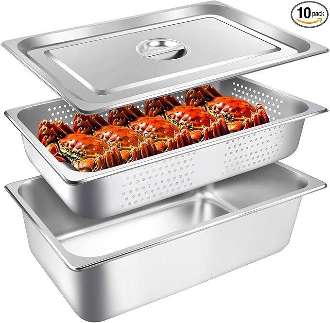 3 Pack Full Size 4 Inch 6 Inch Hotel Pan with Lid Perforated Steam Table Pan Chafing Pans Steam Table Tray Stainless Steel Restaurant Supplies for Buffets Catering Commercial Kitchen