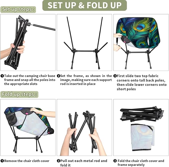 Honeybaby Folding Camping Chair Fairy Peacock Feathers Camping Chairs Lightweight Portable Chair Outdoor Foldable Chairs for Camping Travel Picnic Beach Hiking