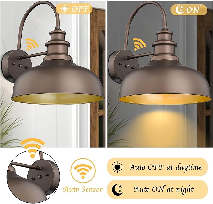 Bestshared 14 Inch Dusk to Dawn Outdoor Barn Lights Farmhouse Outdoor Wall Sconce Industrial Exterior Wall Lighting Fixture Vintage Porch Lantern Lamp for PatioGarageFront Doo(ORB+Gold 14-2Pack)