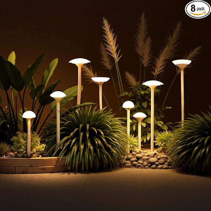 Gardencoin LED Low Voltage Outdoor Lighting Kit 24V Outdoor Landscape Decorative Lights Unique Aluminum Mushroom Light Wired with Transformer for Garden Patio Lawn Backyard Pathway Set of 8