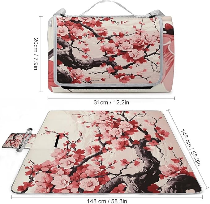 Japanese Floral Cherry Blossom Beach BlanketPortable Waterproof Picnic Blanket58.3''x 58.3'' Extra Large Picnic Mat for BeachCamping Grass Lawn Park Accessorie for Festival BBQ