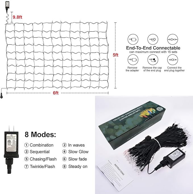120Led Christmas Net Lights Outdoor 5ft x 6ft Connectable 8 Modes Waterproof 29V Plug in Black Wire Mesh Net Christmas Lights for Bushes Shrubs Yard Trunk Xmas Tree Christmas Decorations (Red&ampGr