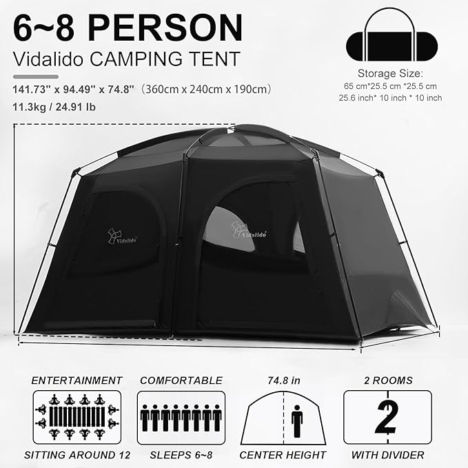 Vidalido Tents6-8 Person Camping Tent with Extended Vestibule2 Room Weather Resistant Family TentsEasy Install Waterproof Outdoor Tent for Backpacking and Camping Hiking