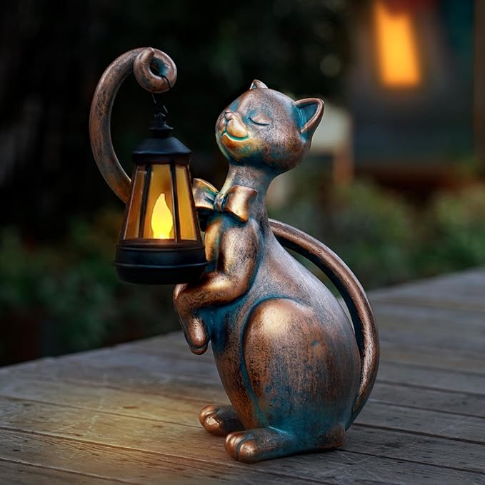 WHIMSYNOOK 10.7 Bronze Cat Garden Statue with Solar Light – Outdoor Yard &amp Lawn Décor Charming Cat Figurine Gift for Mom &amp Cat Lovers