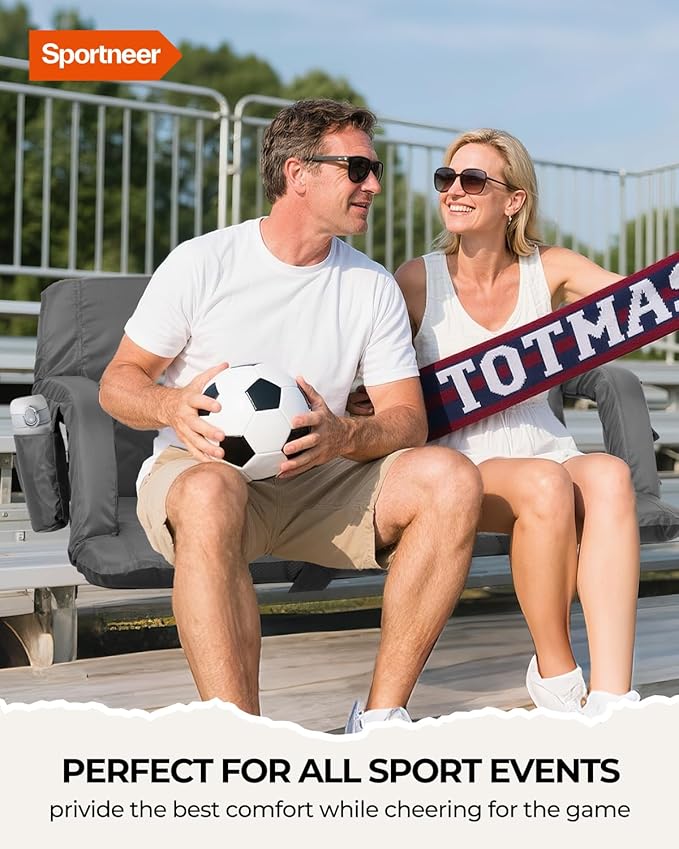 Sportneer Stadium Seats with Back Support: 2.5'' Thick Comfy Cushion 6 Adjustable Angle Bleacher Seat with Armrest - 2 Large Pockets 2 Cup Holders Stadium Chair for Sport Events Concerts Parks