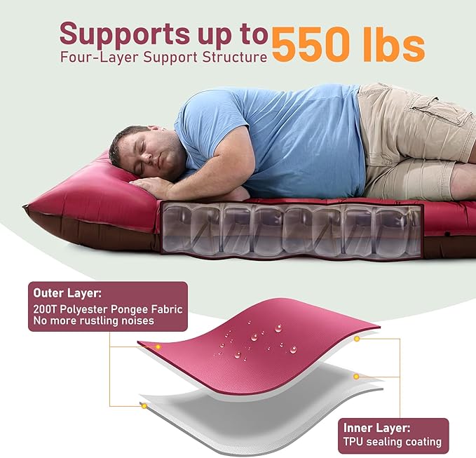 KASBAH Camping Sleeping PadExtra Wide 6 inch Thick Inflatable Sleeping Pads with Built-in Foot Pump and PillowUltralight Camping Mat Gear for Outdoor HikingCamping