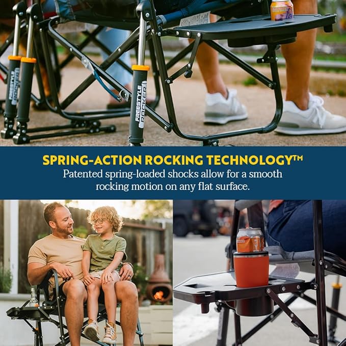 GCI OUTDOOR Freestyle Rocker with Side Table Camping Chair | Portable Folding Rocking Chair with Solid Durable Armrests Drink Holder &amp Comfortable Backrest — Heathered Indigo