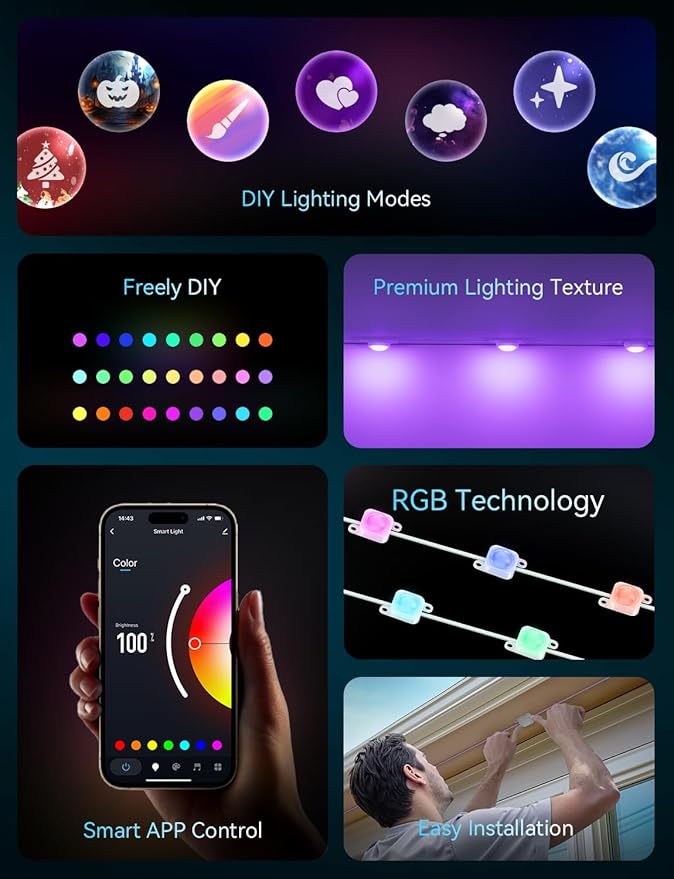 Smart 150FT Permanent Outdoor Lights RGB LED Lights Outside with App Control - DIY Colors Scene Modes IP67 Waterproof Eaves Lights for Christmas Halloween Holiday Daily House Roof Eternity Lighting