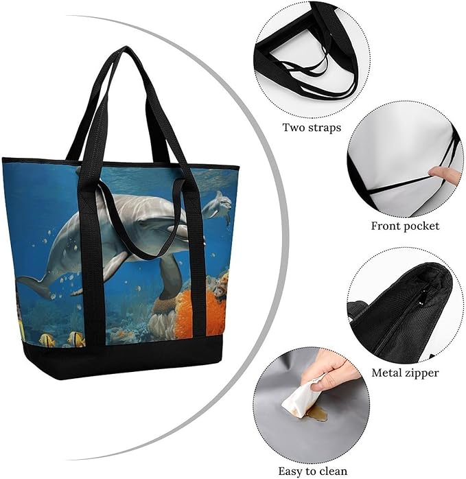 Insulated Shopping BagLarge Reusable Cooler Bags Dolphins Blue Printed Foldable Shopping BagTravel Waterproof Shoulder Bag
