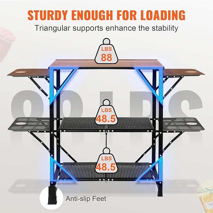 VEVOR Camping Kitchen Table Aluminum Folding Portable Outdoor Cook Station with 4 Iron Side 2 Shelves &amp Carrying Bag Quick Installation for Picnic BBQ Beach Traveling