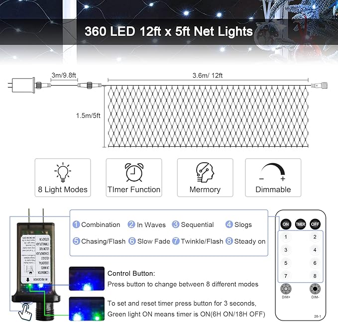 JMEXSUSS 360 LED Net Christmas Lights Outdoor Waterproof Connectable 12ft x 5ft Net Lights Outdoor Mesh Light with Remote 8 Modes Plug in White Christmas Light for Bushes Christmas Decorations
