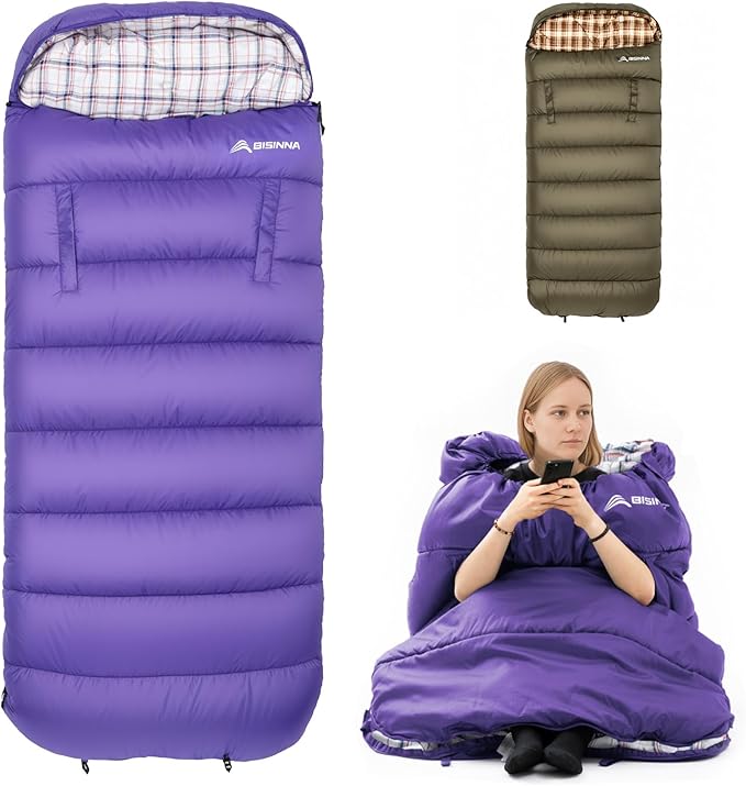 BISINNA Flannel XXL Sleeping bag (90.55x39.37) Wearable Sleeping Bag for Alults 3 Season with Pillow Compressdin Sack for Hiking Camping Backpacking Outdoor