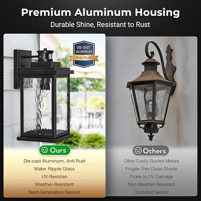 VIANIS 2 Pack Large Advanced Motion Sensor Outdoor Lights Black Easy-to-Install Dusk to Dawn Outdoor Wall Lights Aluminum Waterproof Porch Light with Water Glass for Porch Garden Front Door