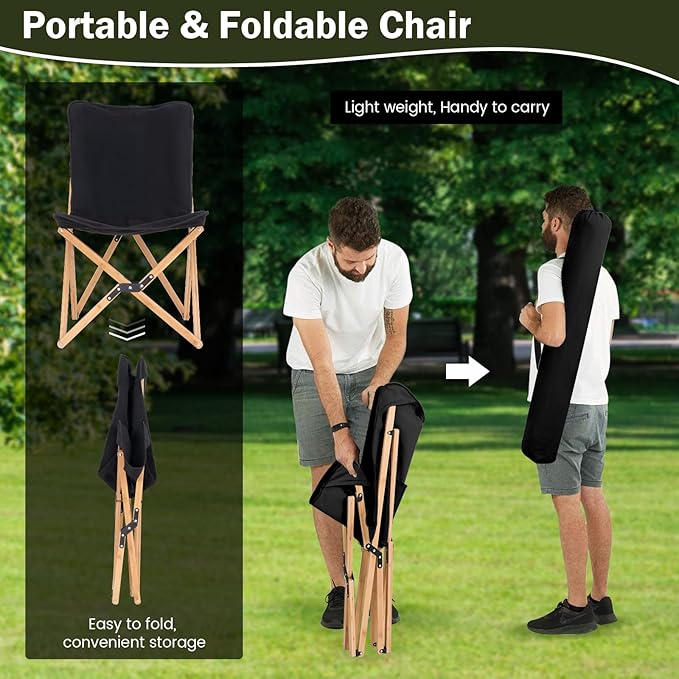Giantex Camping Chairs 2 Pack Folding Beach Chairs for 330lbs Outdoor Butterfly Chair Portable Lawn Chairs for Picnic Fishing Hiking Mountaineering Lightweight Bamboo Frame No Assembly (Black)