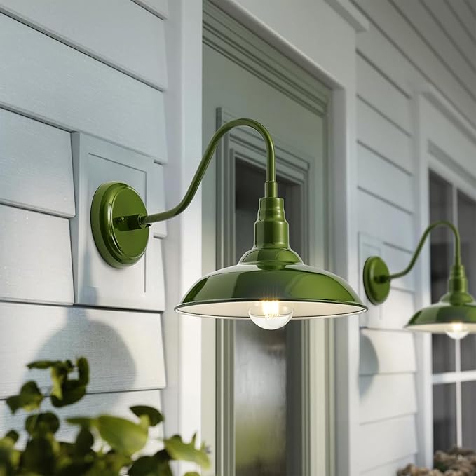 14 Inch Dome Outdoor Gooseneck Barn Lights Olive Green Farmhouse Exterior Wall Lights for Porch 2Pack Patio Barn Style Wall Mount Gooseneck Lighting for House Garage