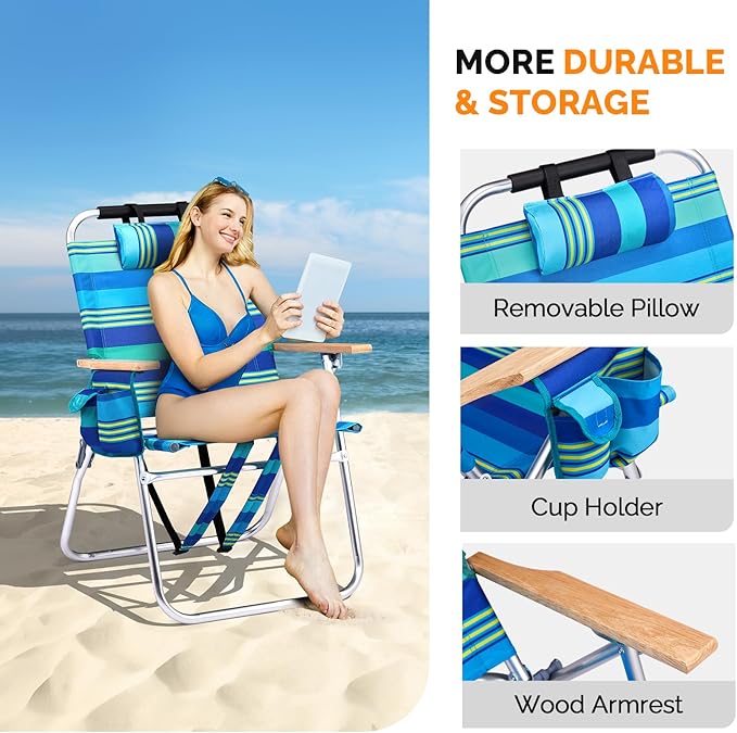 Bonnlo Lightweught 17 Backpack Beach Chair Tall Beach Chairs for Adults Portable with Adjustable Straps 3-Position Reclining Cup Holder High Beach Chairs for Beach